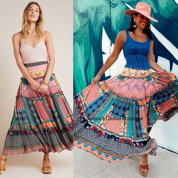 RARE NWT ANTHROPOLOGIE Bhanuni by Jyoti Celina Tiered Maxi Skirt. Size 0 - Picture 11 of 14